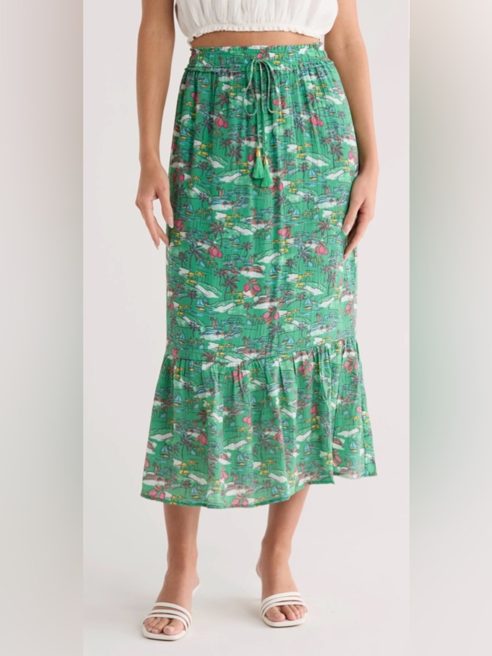Nanette Lepore Tropical Print Tiered Flounce Midi Skirt